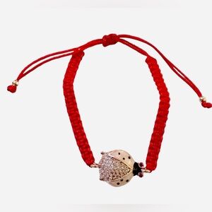 Red Macrame  Pink Enamel Lady Bug And Cubic Zirconia Bracelet